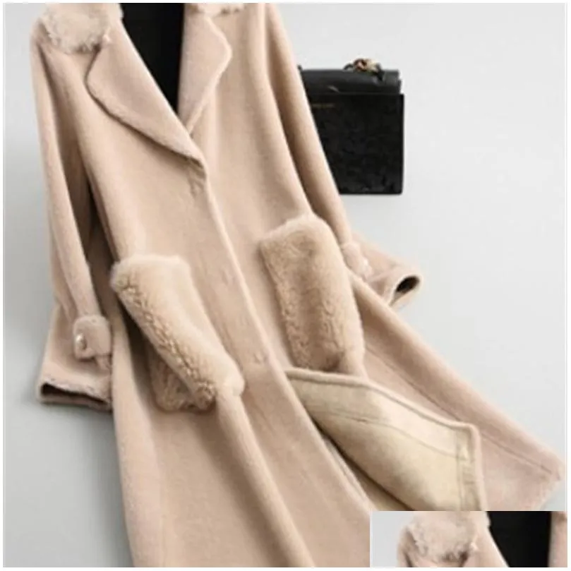 Women Winter Real Fur Overcoat Sheep Shearing Lady Casual Warm natural Sheep Lamb Wool Fur Coat long big size F1110 201103