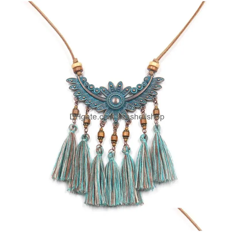 Pendant Necklaces Women Boho Vintage Blue-Mixed Tassel Necklace Choker Leather Long Sweater Rope Chain Statement Jewelry Accessories Dhzhb