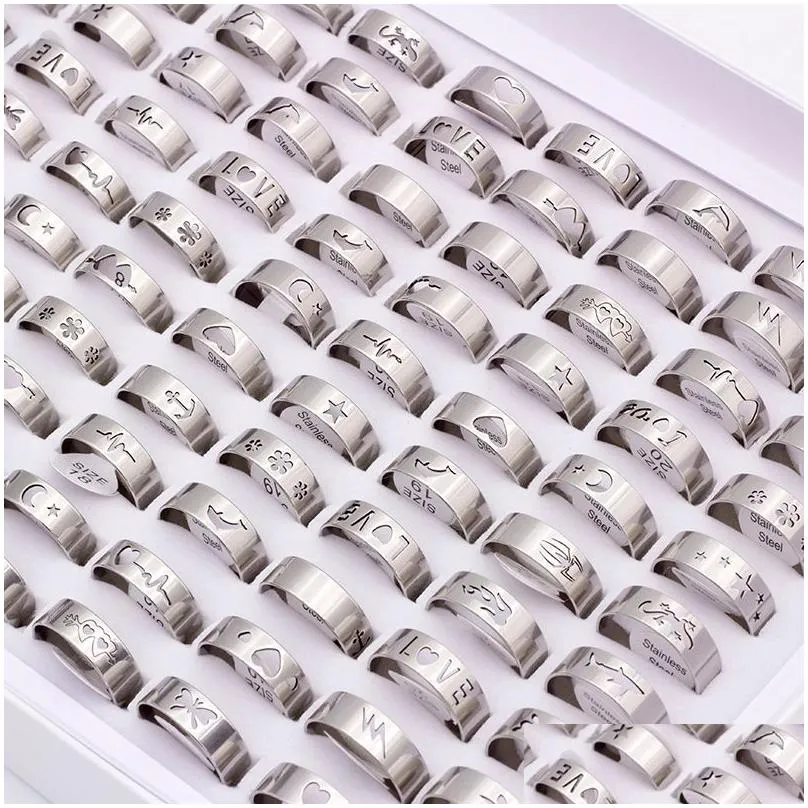 Band Rings 100 Pcs Fashion Hollow Sier Color Stainless Steel For Men Womens Mix Animal Love Jesus Etc Style Size 17Mm To 21Mm Drop De Dh2If