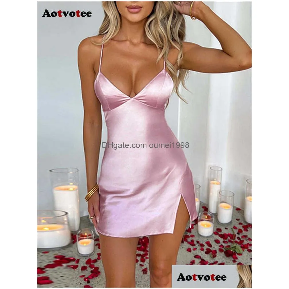 Basic & Casual Dresses Satin Dress For Women 24Ss Fashion Backless Lace-Up Mini Chic Split Slim Solid Spaghetti Strap V Neck Drop Del Dh2A5