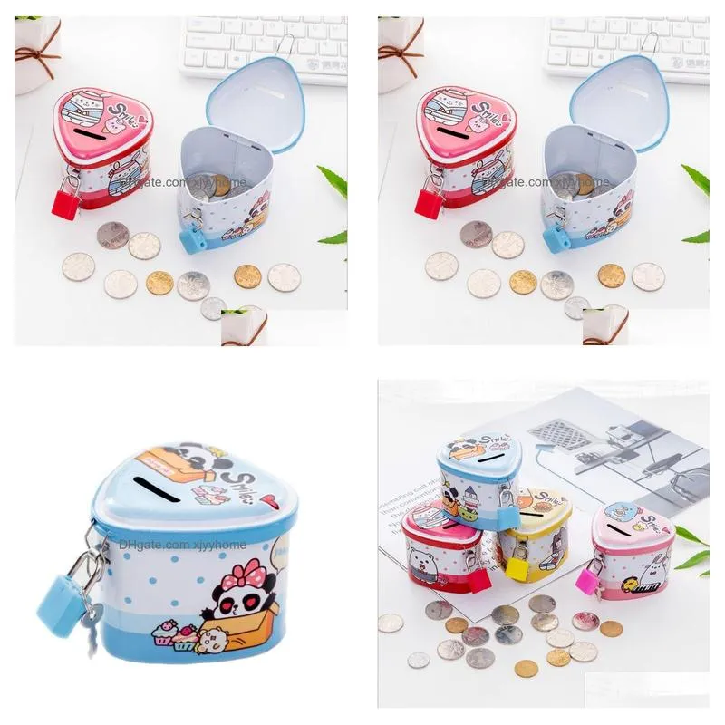 Storage Boxes & Bins Cartoon Animals Money Box Tinplate Heart Shaped Piggy Bank With Lock Coin Collection For Kids Drop Delivery Home Dhila