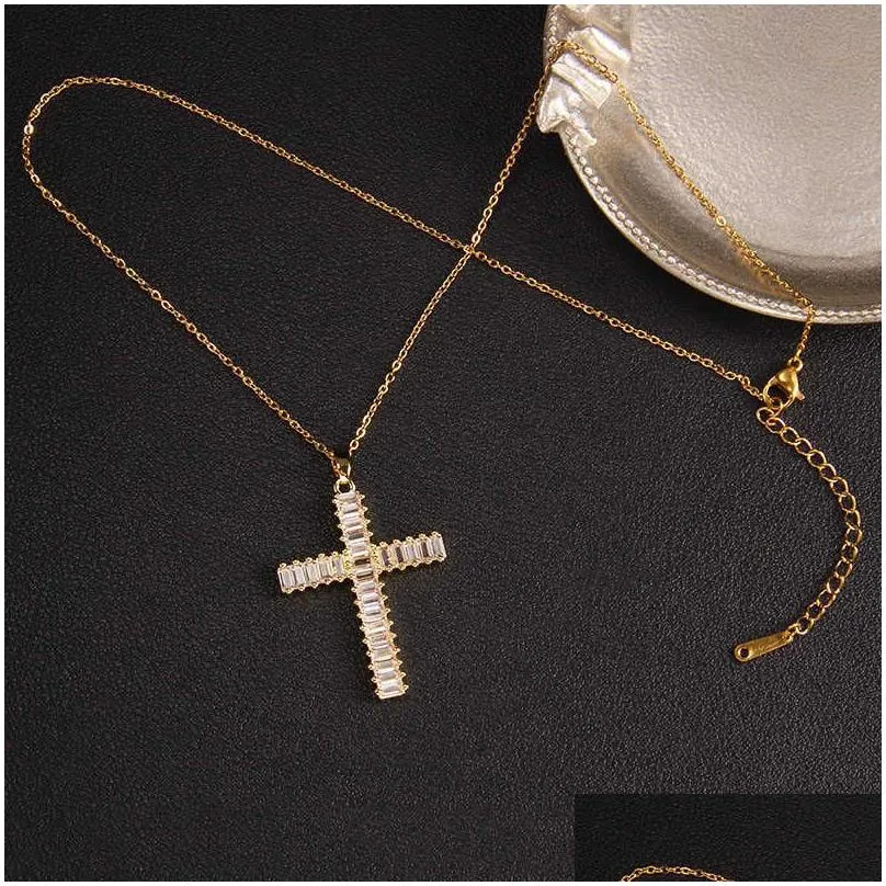 Pendant Necklaces Fashion Trend Diamond Chain Womens Mens Jewelry Gold Cz Flashing Cross Stainless Steel Necklace Drop Delivery Pendan Ot9K5