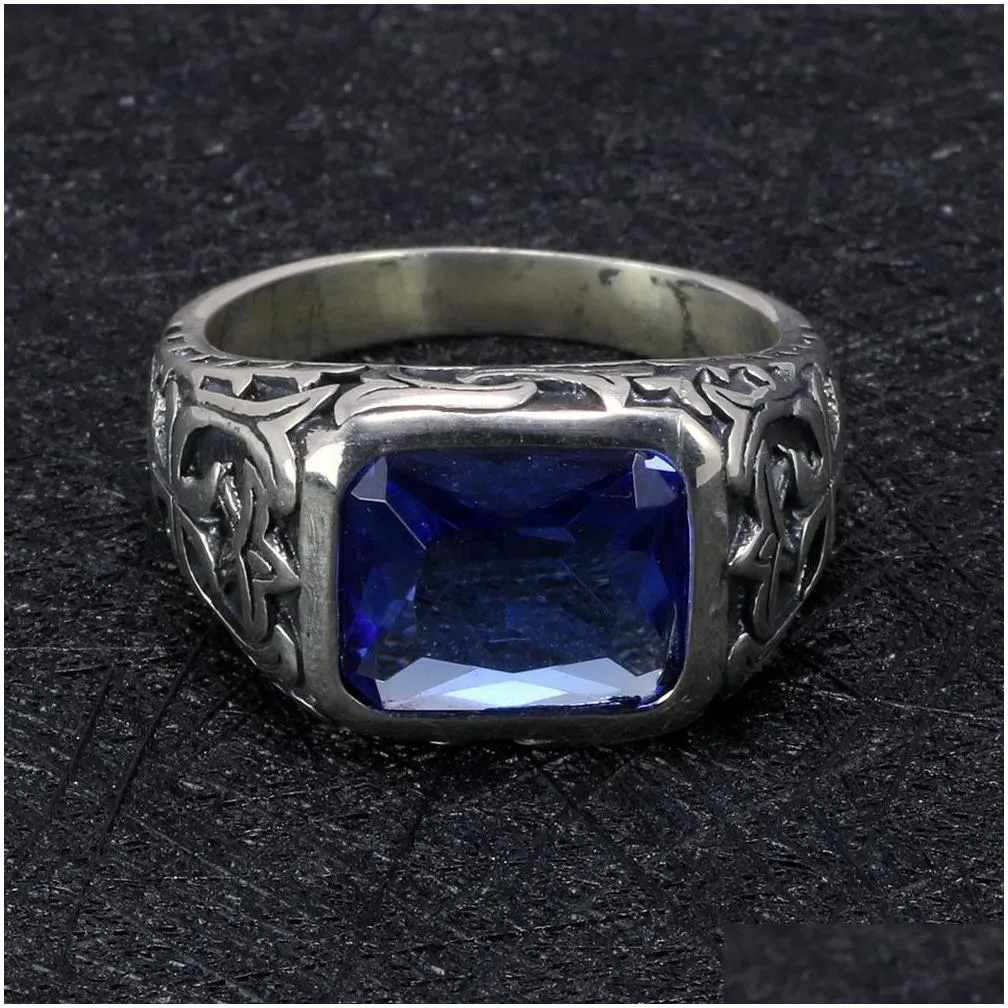 Band Rings Real Pure 925 Sterling Sier For Men Blue Natural Crystal Stone Mens Ring Vintage Hollow Engraved Flower Fine Jewelry Drop Dhijt