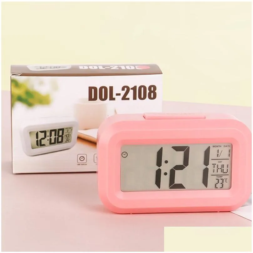 Desk & Table Clocks Plastic Mute Alarm Clock Led Smart Temperature Cute Posensitive Bedside Digital Sn Nightlight Calendar Drop Delive Dhhk4