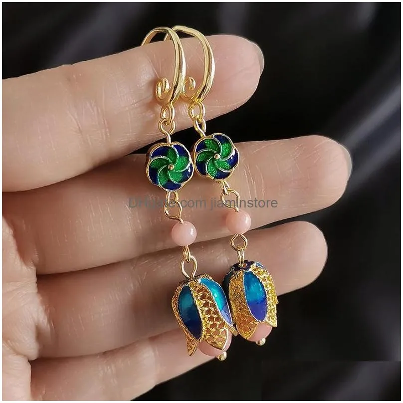 Dangle & Chandelier Vintage Style Green Blue Flower Ball Enamel Earrings For Women Pearl Beads Drop Jewelry Accessories Delivery Dheky
