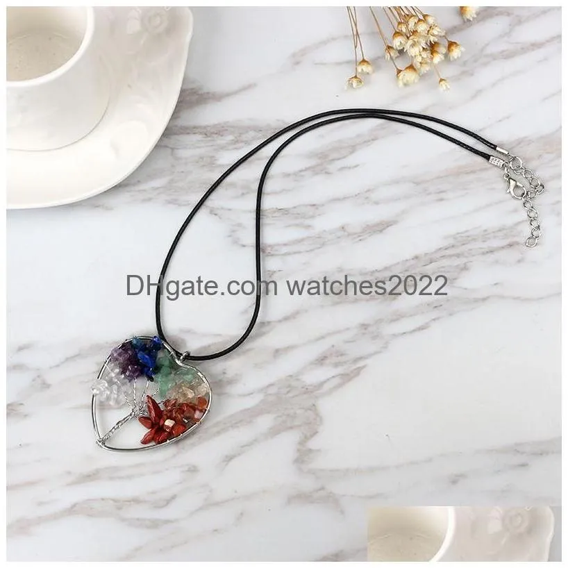 Pendant Necklaces Tree Of Life Necklace Mticolor Chakra Natural Stone Gemstone Rope Chain Women Heart Pendum Fashion Crystal Jewelry D Dhx2Z