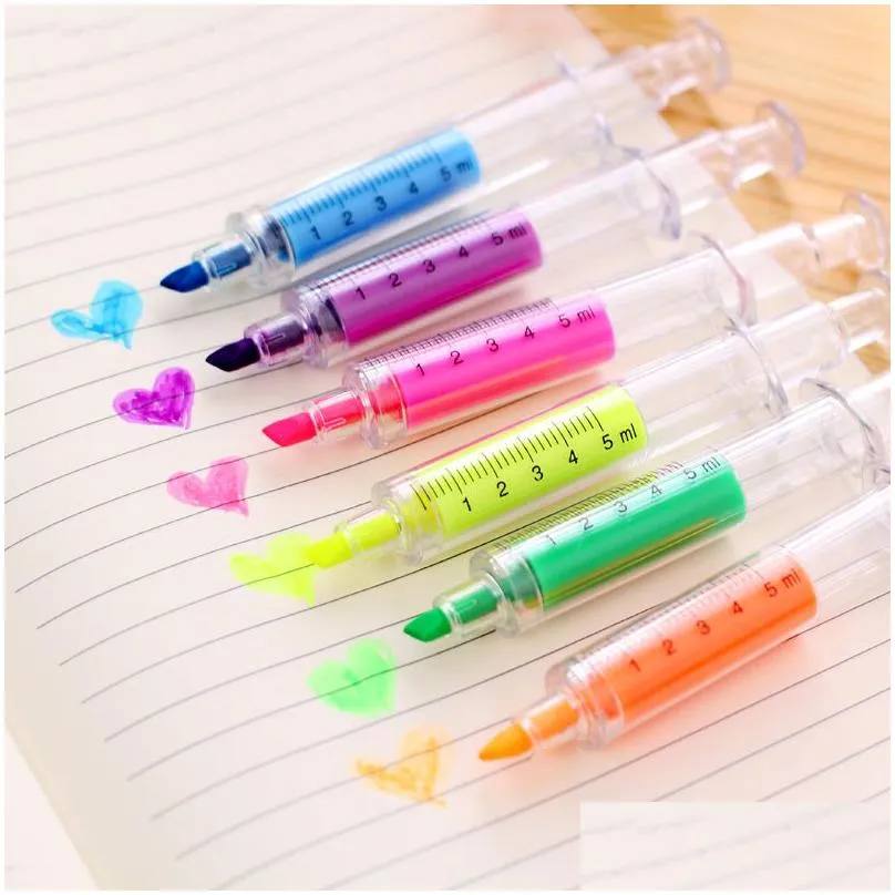 wholesale novelty nurse needle syringe shaped highlighter marker pen colors pens stationery school supplies 6 style