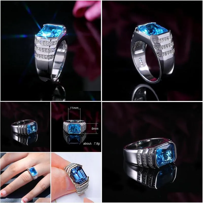 Wedding Rings Geometric Blue Cubic Zircon Finger For Women Men Fashion Jewelry Sier Color Statement Ring Female Anelwedding Drop Deli Dhou3