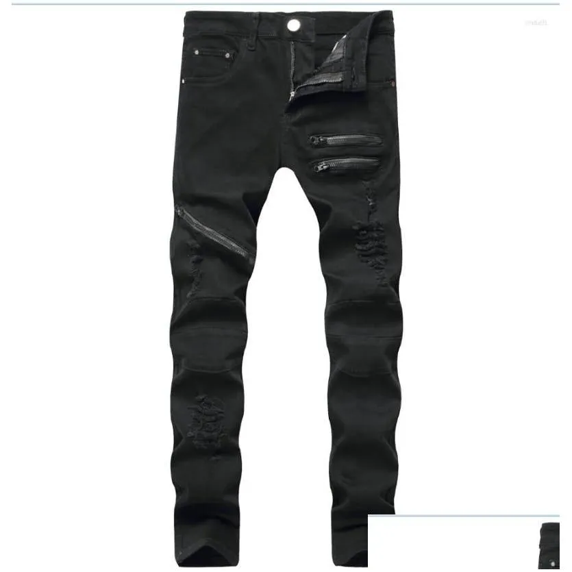 Men`S Jeans Mens Ripped Fashion Pencil Solid Color High Waist Trousers Zipper Design Close-Fitting For Men Drop Delivery Apparel Clot Dhzqa