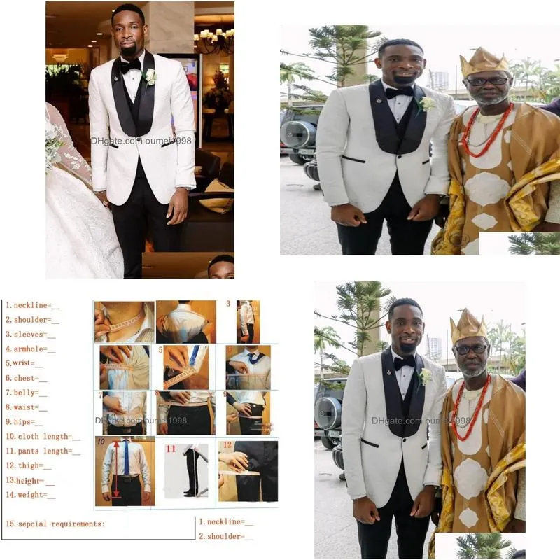 Men`S Suits & Blazers White Mens Wedding Shawl Lapel Three Pieces Groom Tuxedos Blazer Jacket Men Groomsmen Cloth Jacketvestpant Men0 Dhqga