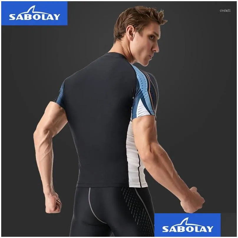 Men`S Swimwear Mens Large Swimsuit Short Sleeve Split Wetsuit Skinny Quick-Dry Surfing Suit Swimming Drop Delivery Apparel Clothing Dhcvh