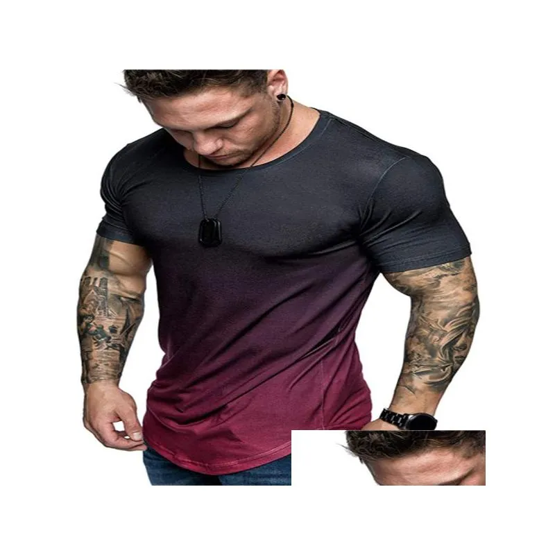 Men`S T-Shirts Mens T Shirts Gradient Short Sleeve T-Shirt Fashion Washed Round Neck Tee Retro Loose High Street Casual Drop Delivery Dhbej