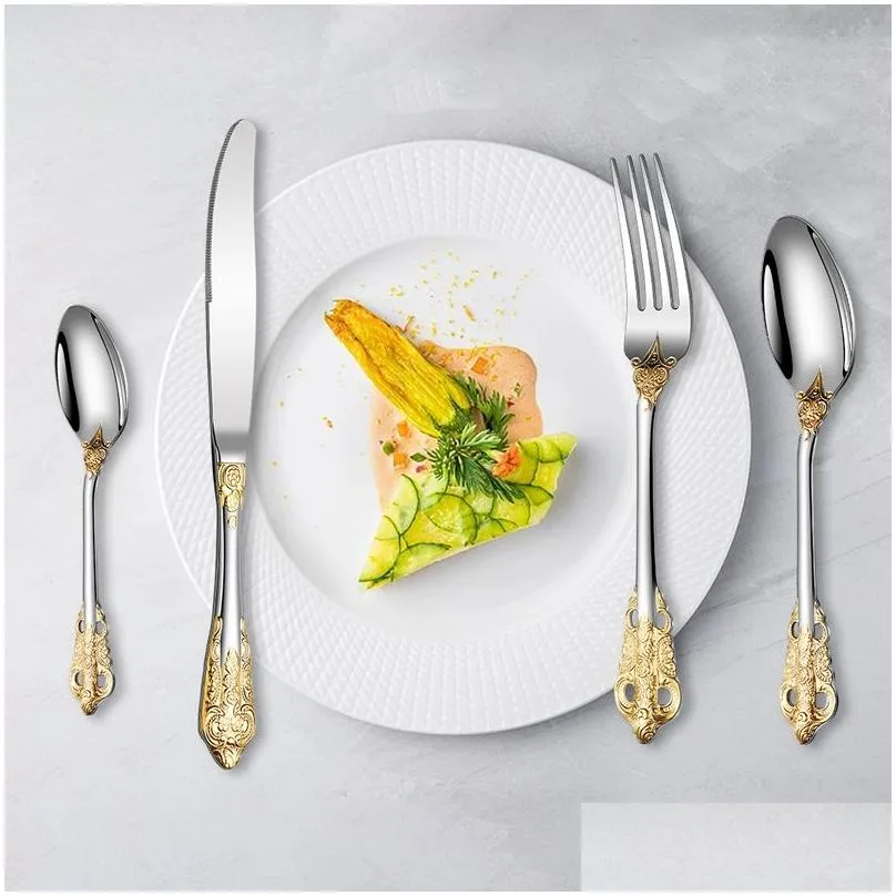 Flatware Sets 304 Stainless Steel Tableware Knife Fork Spoon Gold European Style El Western Food Drop Delivery Home Garden Kitchen, Di Dh8Sa