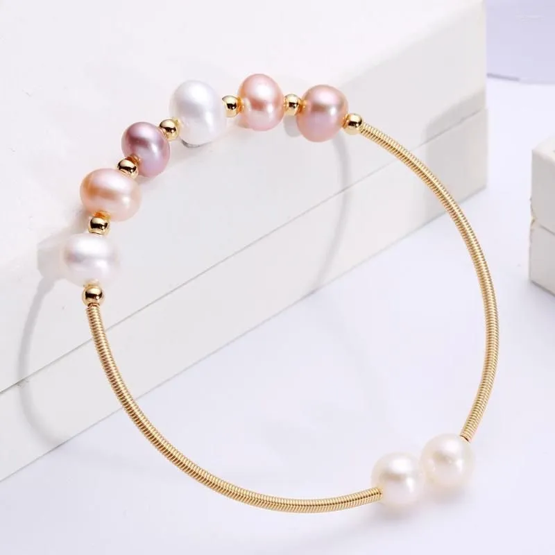 Bangle Women`s Hand Winding 14K Gold Plated Candy 6-7mm Freshwater Pearl Open Bracelet