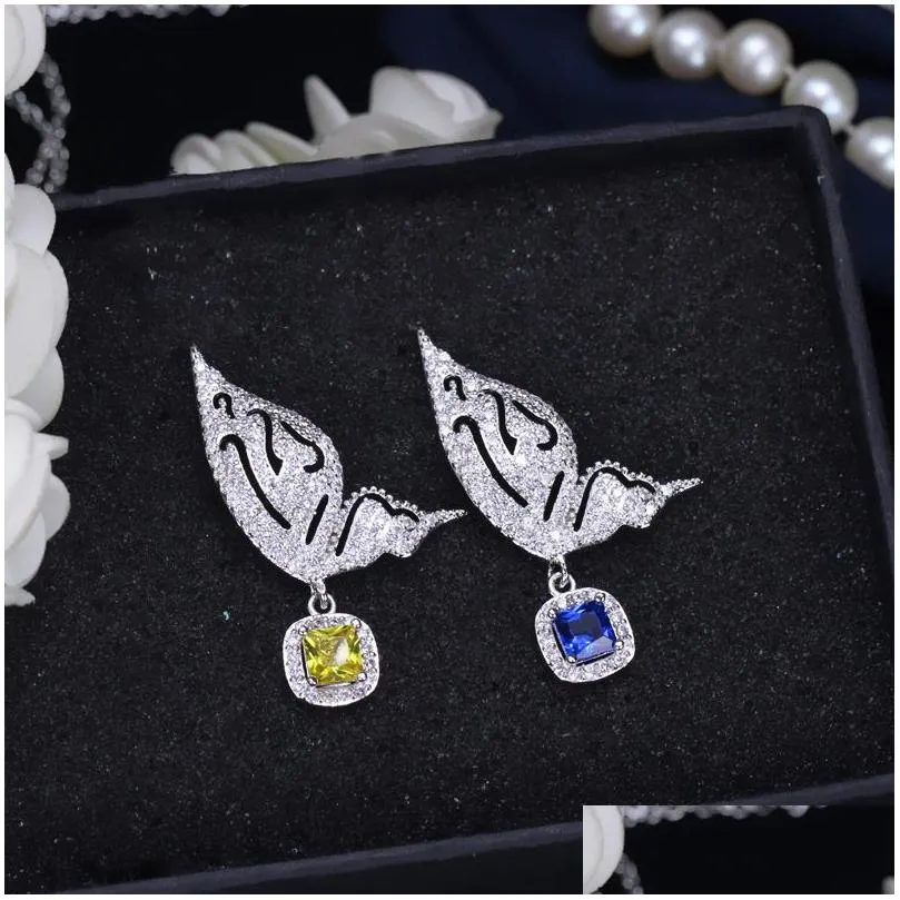 Charm Fashion Butterfly Earrings Jewelry Designer Bride Wedding 925 Sterling Sier Post Yellow Blue Aaa Cubic Zirconia Copper Earring Dhluy