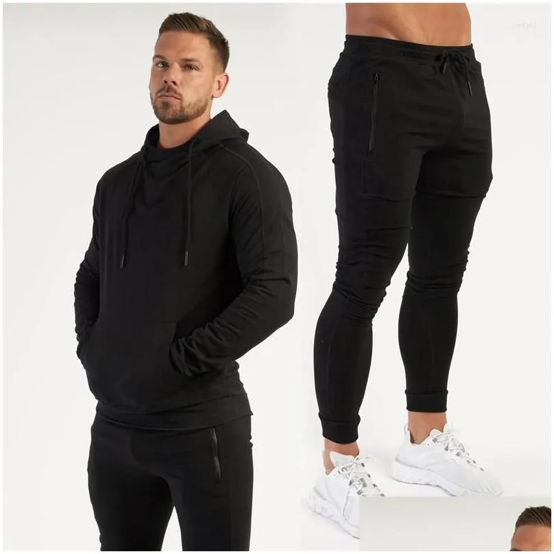 Men`S Tracksuits Mens Spring Autumn Cotton Fashion Suits Streetwear Casual Plover Hoodie Tops Zipper Pockets Slim Fit Trousers Drop D Dhjo1