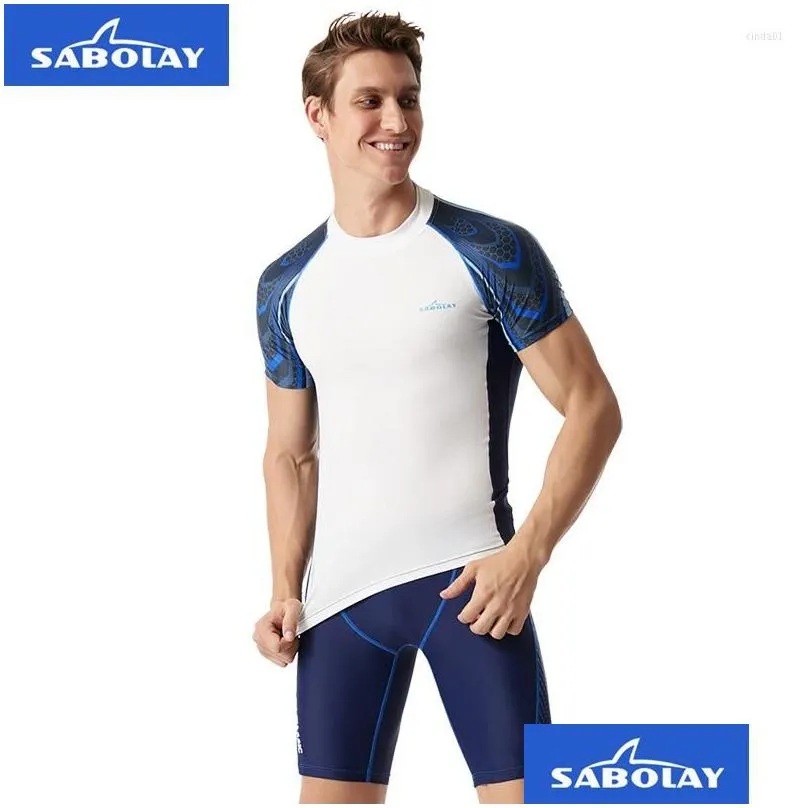 Men`S Swimwear Mens Large Swimsuit Short Sleeve Split Wetsuit Skinny Quick-Dry Surfing Suit Swimming Drop Delivery Apparel Clothing Dhcvh