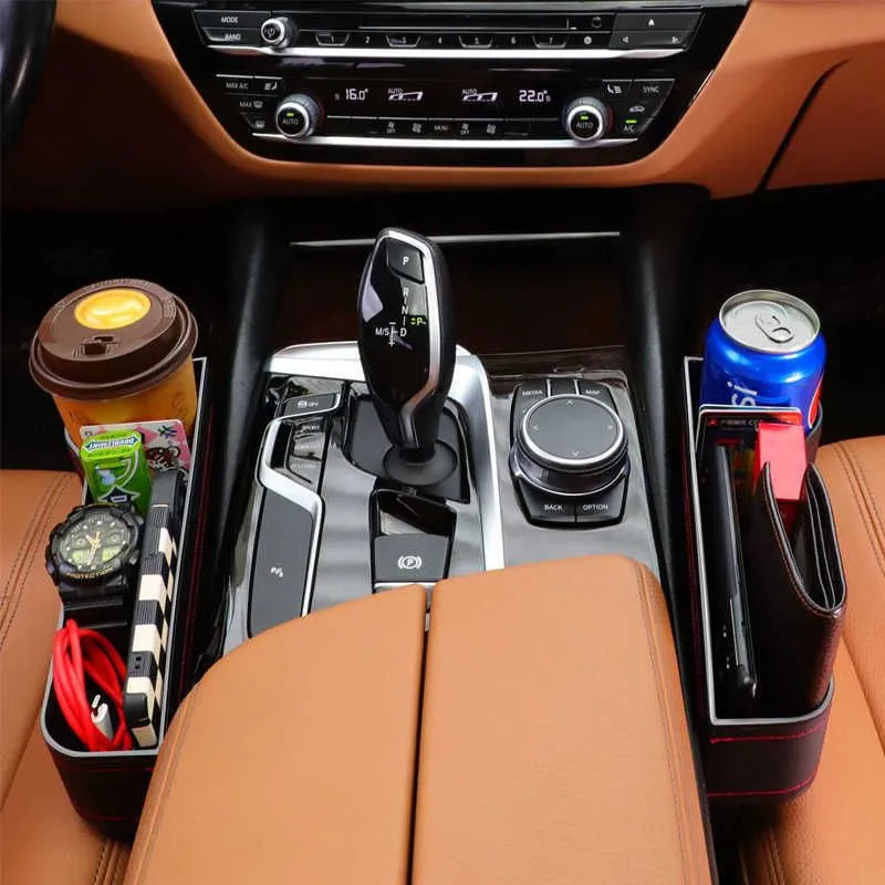 New 2pcs Gap Filler Organizer Leather Car Holder Auto Console Side Storage Box with Cup Holders Trunk Seat Seam Pockets