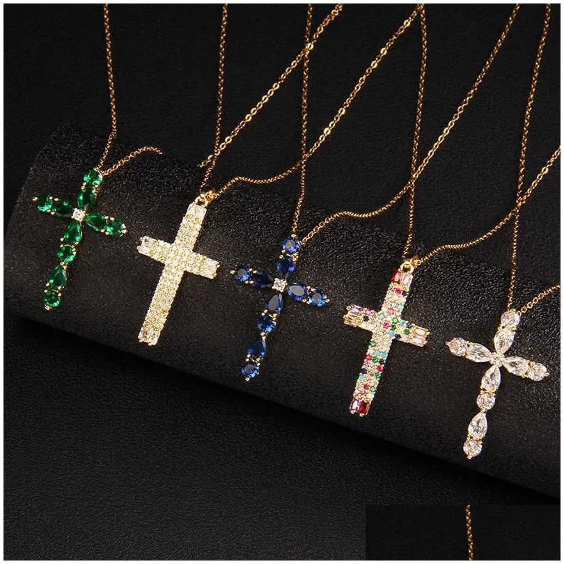 Pendant Necklaces Fashion Trend Diamond Chain Womens Mens Jewelry Gold Cz Flashing Cross Stainless Steel Necklace Drop Delivery Pendan Ot9K5