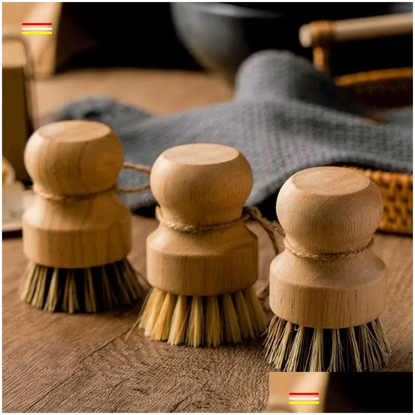 Cleaning Brushes Round Wood Brush Handle Pot Dish Household Sisal Palm Bamboo Kitchen Chores Rub Drop Delivery Home Garden Housekeepin Dhsd5