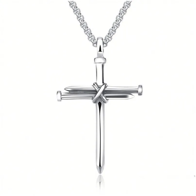 Pendant Necklaces Mens Nail Cross Fashion Stainless Steel Link Chain Necklace Black Rose Gold Sier Punk Style Hip Hop Jewelry For Wome Dhvur