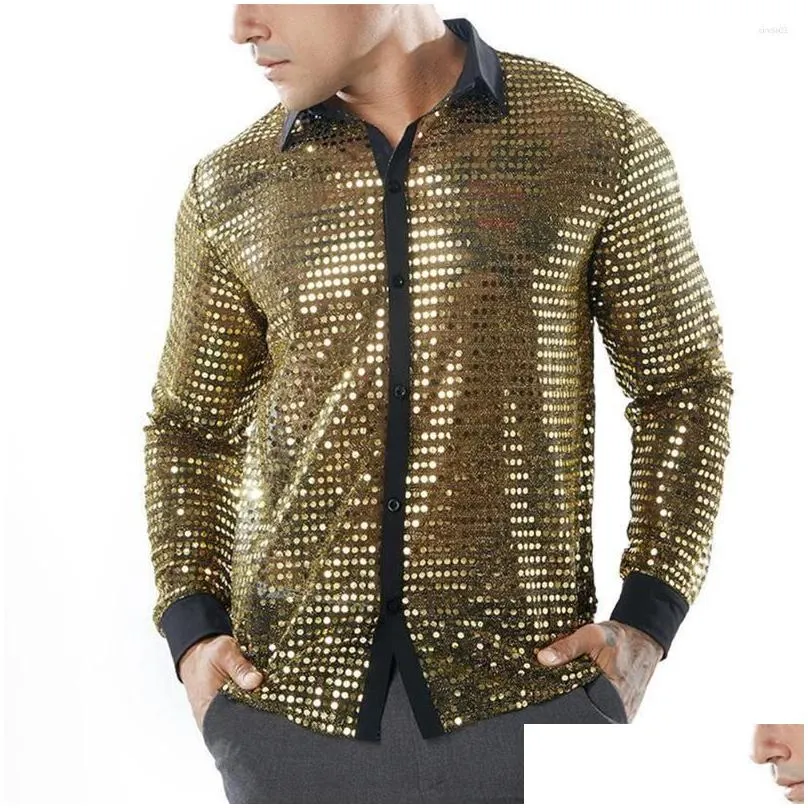 Men`S Casual Shirts Mens Sparkly Sequins Party Dance Retro 70S Disco Nightclub Shirt Tops Drop Delivery Apparel Clothing Dhz1I