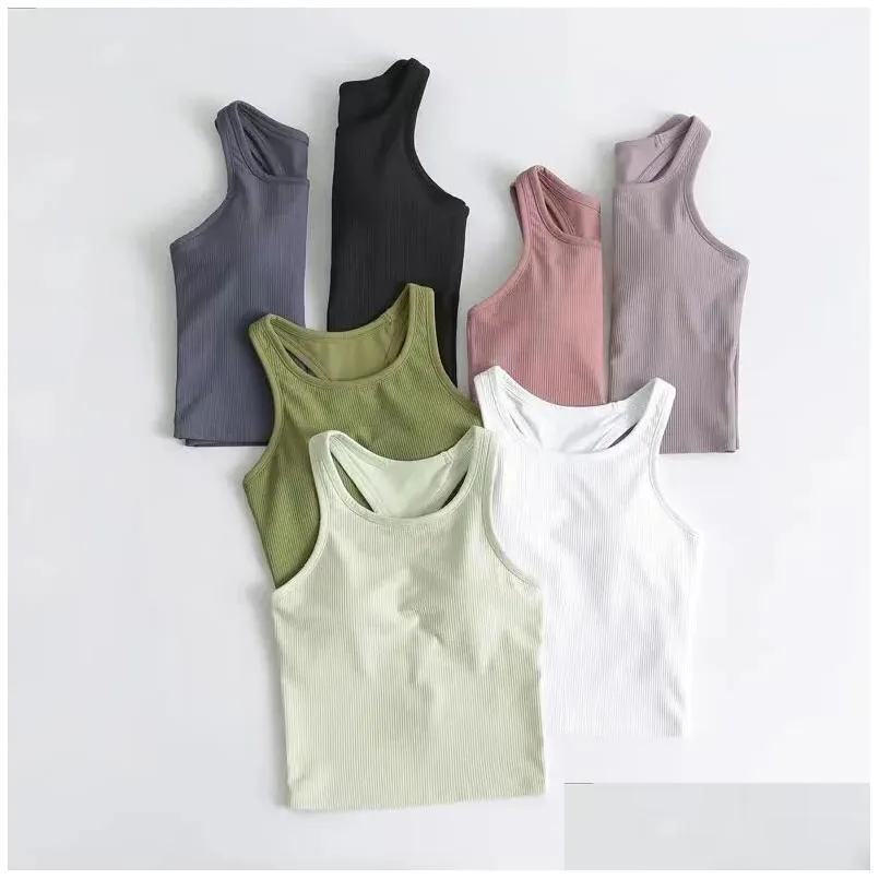 Lu Tank Top Slim Fit Sleeveless Yoga Outfits Shirt Brushed Women Workout Sports with Padded Bra