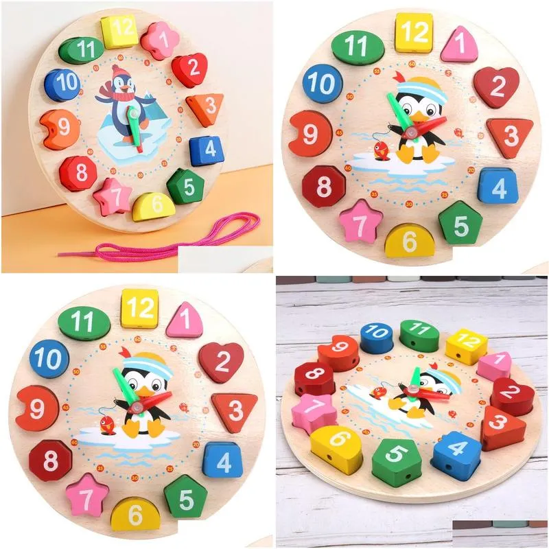 wholesale wooden penguin digital clock model childrens early education teaching aids 17.5x17.5x2.3cm