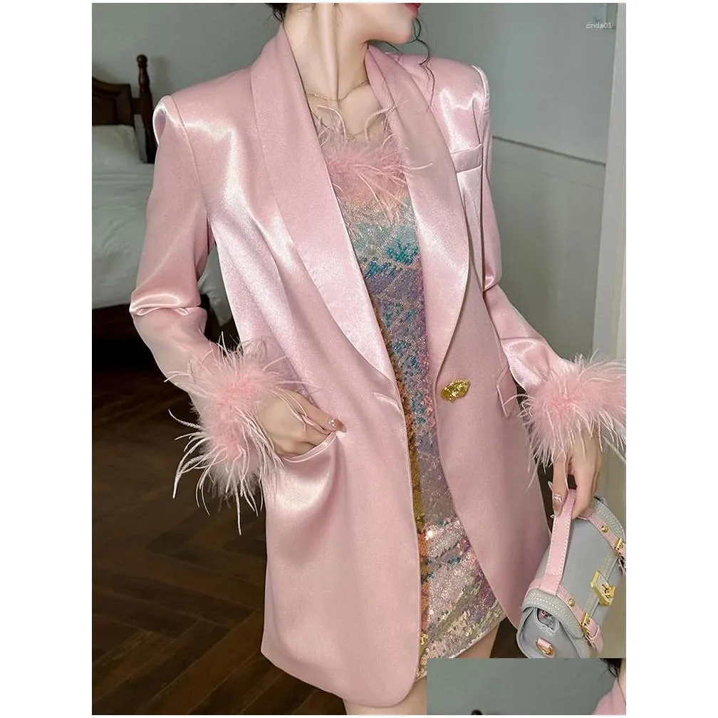 Women`S Suits & Blazers Womens Sweet French Loose Suit Coat Women Elegant Cute Pink Satin Fur Cuff Pockets Jackets Formal Business Bl Dhckl