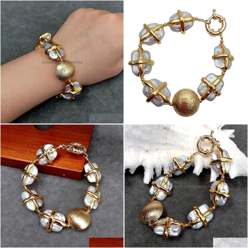 Bangle Bracelets Y.Ying Ctured White Keshi Pearl Rec Shape Gold Plated Cross Bracelet Design Jewelry Drop Delivery Dhv4O