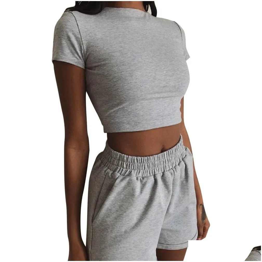 Women`S Tracksuits Womens 3 Colors Women S Clothing Casual Outfit Short Sleeve High Waist Shorts 2 Piece Set Fashion Bodycon S-Xl Dro Dhqvk