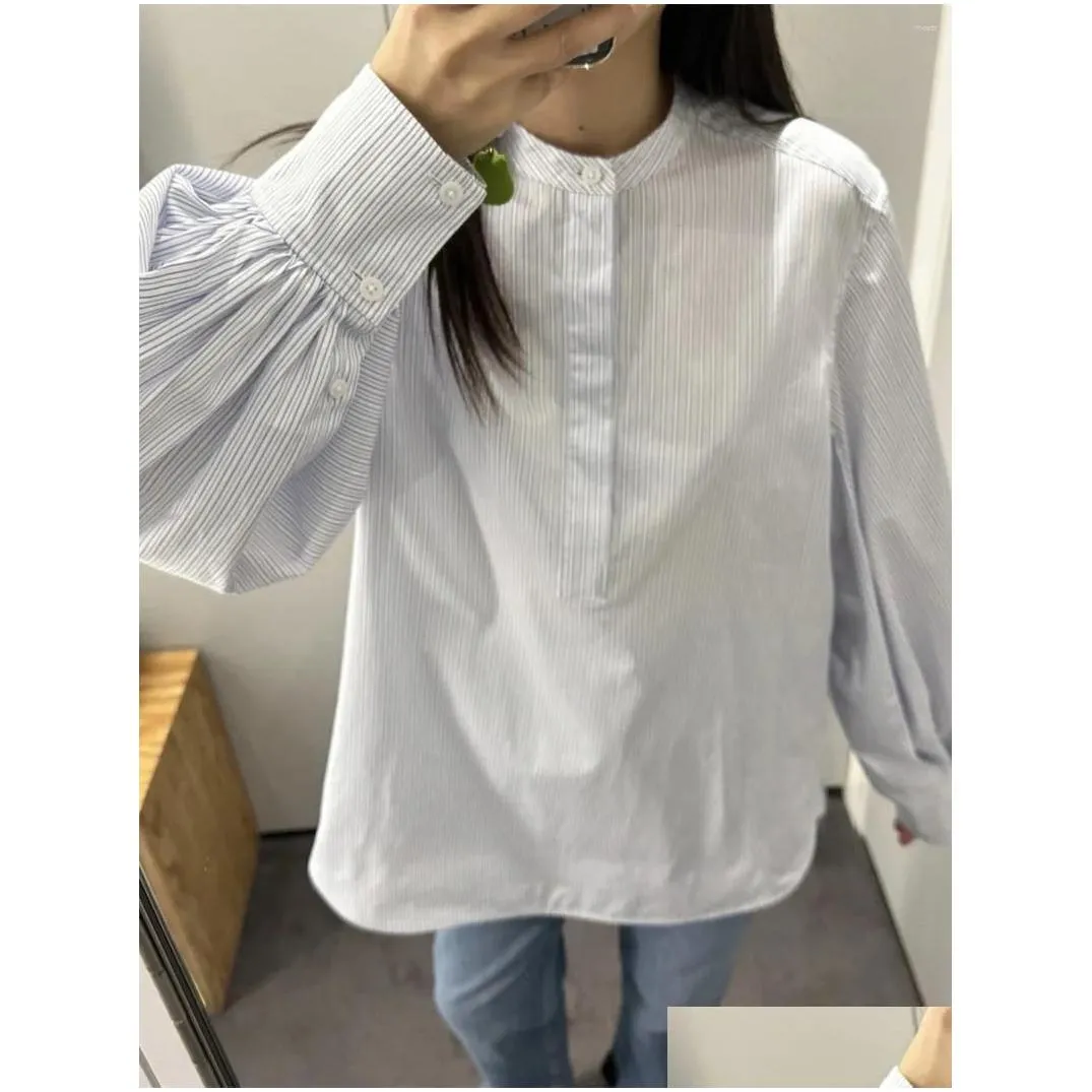 Women`s Blouses Women Stand Collar Stripes Shirt Spring Summer All-Match Female Pleated Blouse 2024