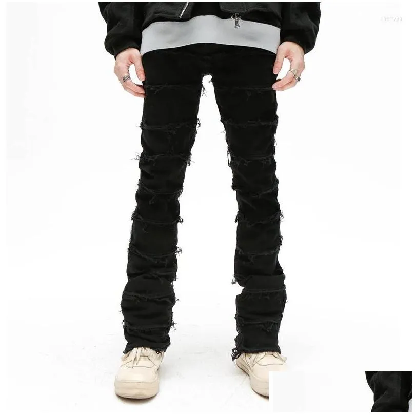 Men`S Jeans Mens Retro Work Flared Pants Grunge Wild Stacked Ripped Long Trousers Straight Y2K Baggy Washed Faded For Men Drop Delive Dhzt8