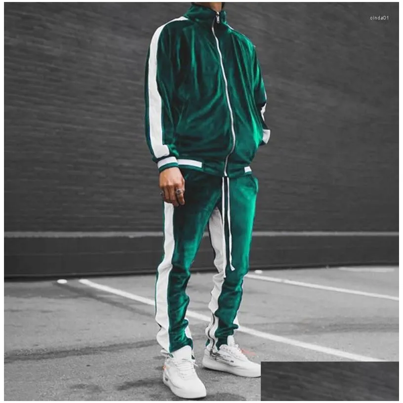 Men`S Tracksuits Mens Tracksuit Sweatsuit Jogging Suits Velour Standing Collar Color Black 2 Piece Sets Drop Delivery Apparel Clothin Dhdzh