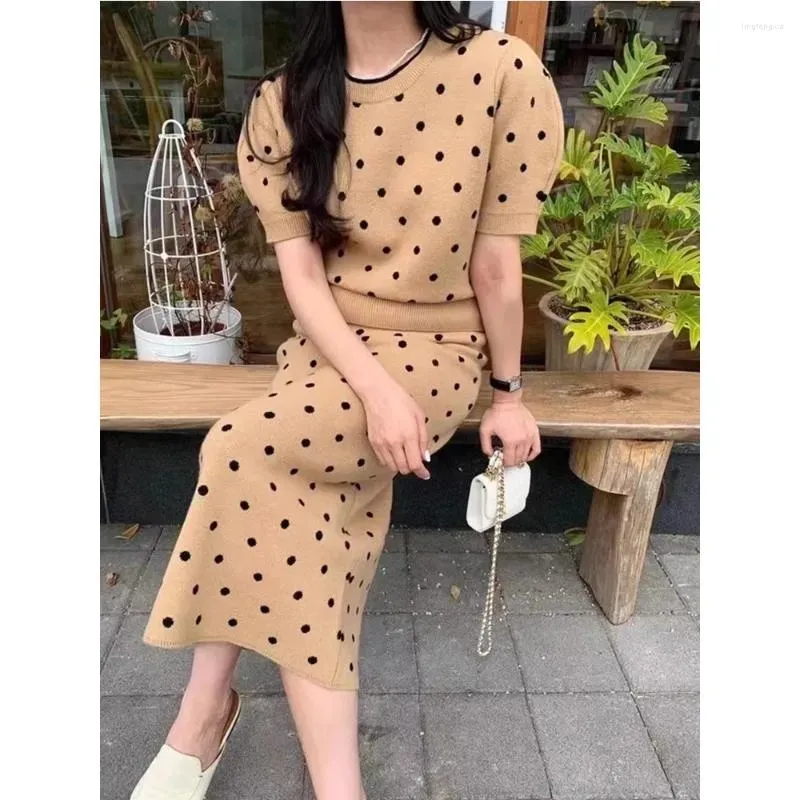 Work Dresses Elegant Women Knitting Skirt Sets Dot Print Pullover Puff Sleeve Tops Shirt Elastic Waist Straight Hips 2pcs Female Suits