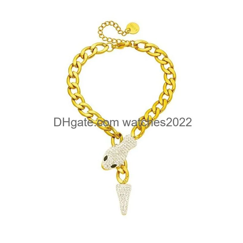 Pendant Necklaces Snake Head Necklace Luxury Bracelets 18K Gold Plated Titanium Steel Cuban Link Chain Fashion Design Iced Out Bling A Dhebd