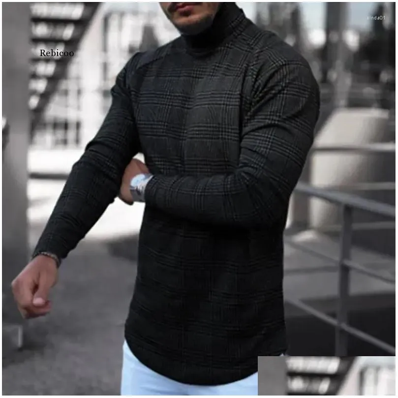 Men`S T-Shirts Mens T Shirts Autumn Casual Plaid Print Shirt Spring Fashion Turtleneck Plover Tops Male Long Sleeve Slim Tee Streetwea Dhrqq