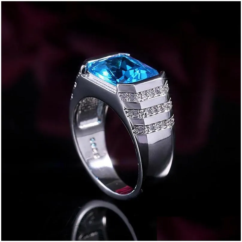 Wedding Rings Geometric Blue Cubic Zircon Finger For Women Men Fashion Jewelry Sier Color Statement Ring Female Anelwedding Drop Deli Dhou3