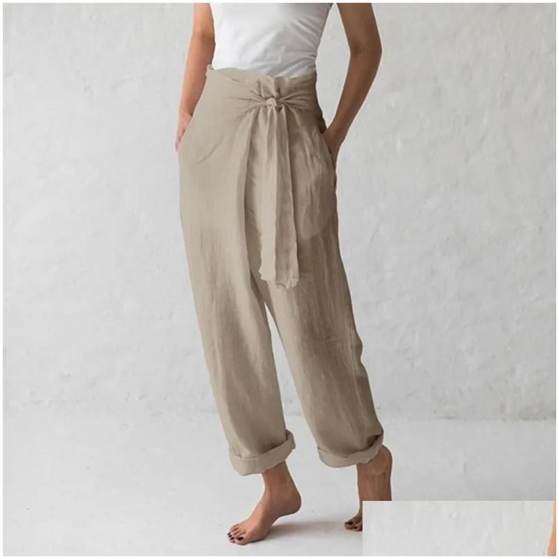 Women`S Pants & Capris Womens Casual Cotton Linen Women High Waist Wide Leg Spring Summer Office Band Loose Palazzo Trousers Female D Dhlhb