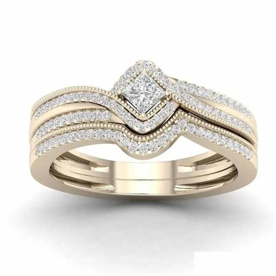 Band Rings Wedding 2Pcs Bridal Set Elegant Crystal Engagement Ring Luxury Gold Color Round Heart Zircon For Women Boho Jewelry Drop D Otpxd