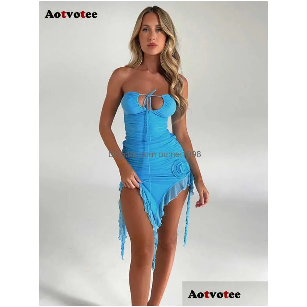 Basic & Casual Dresses Irregar Ruffle Mini Dress For Women Summer Strapless Robe Lace-Up Off-Shoder Backless Club Party 2023 Drop Del Dhvcm