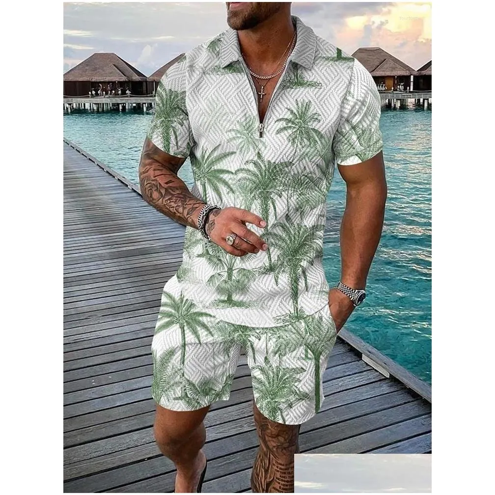 Men`S Polos Mens S Summer Hawaii 3D Print Shirts Shorts Sets Fashion Oversized Short Sleeve Shirt Pants Set Suits Man Tracksuit Clothi Otojv