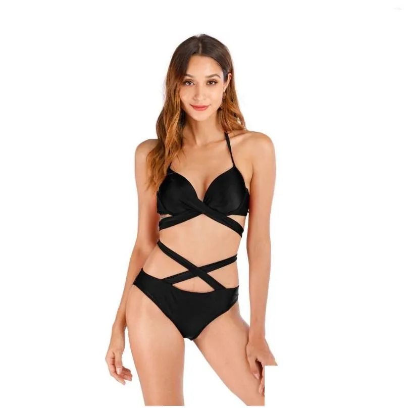 Women`S Swimwear Womens 5 Colors Bikini Y Solid Cross Bandage Hollow Halter Swimsuit Women Bikinis Set Bathing Suit Drop Delivery App Dh5Vp