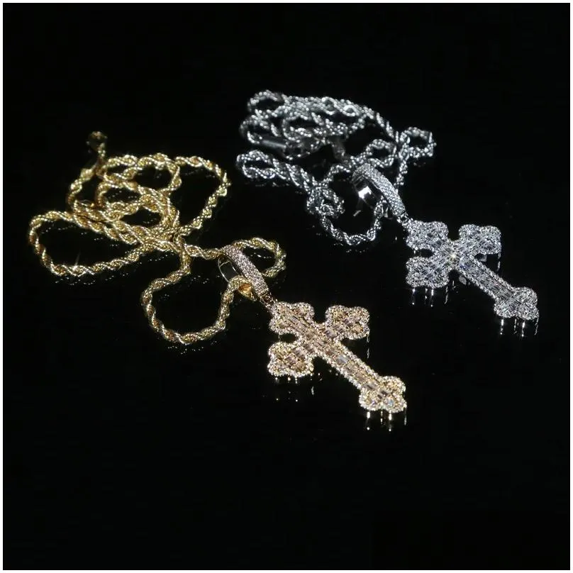 Pendant Necklaces New Men Women Hip Hop Cross Necklace Fl Paved Rec Cubic Zircon Rope Chain Iced Out Bling Cz Jewelry Drop Delivery Pe Dh2D6