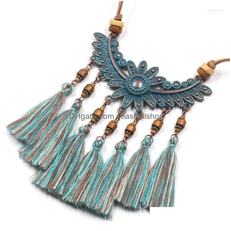 Pendant Necklaces Women Boho Vintage Blue-Mixed Tassel Necklace Choker Leather Long Sweater Rope Chain Statement Jewelry Accessories Dhzhb