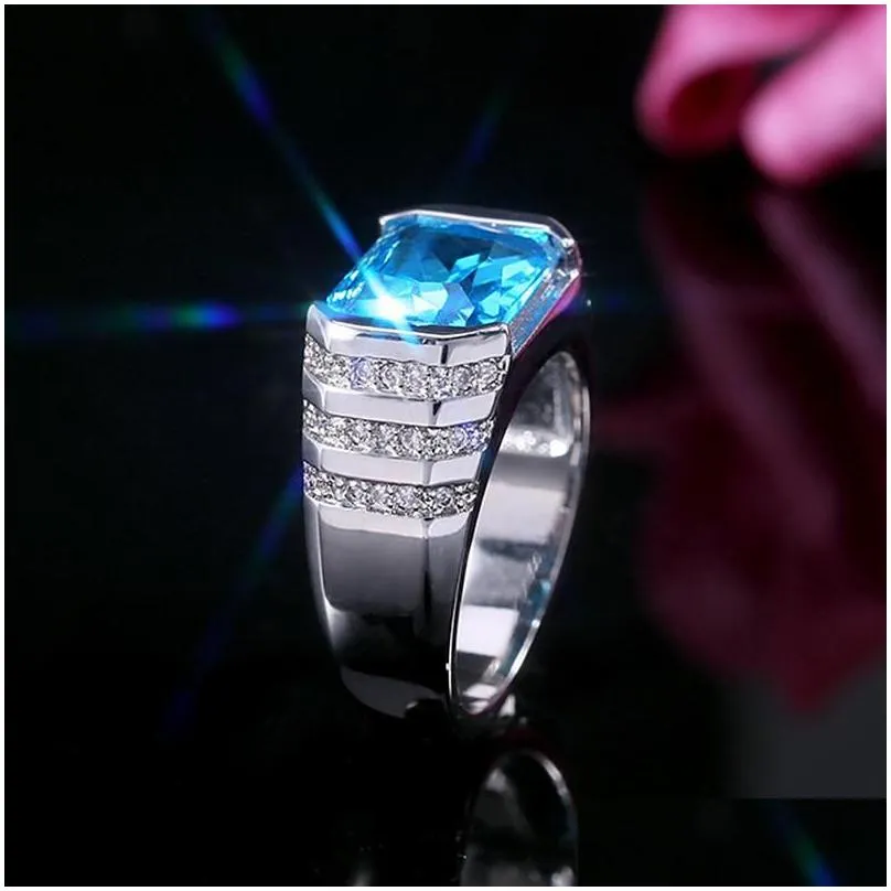 Wedding Rings Geometric Blue Cubic Zircon Finger For Women Men Fashion Jewelry Sier Color Statement Ring Female Anelwedding Drop Deli Dhou3