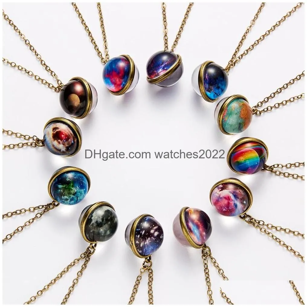 Pendant Necklaces Vintage Colorf Galaxy Universe Round Necklace Glow In The Dark Glass Ball Metal Link Chain Choker Fashion Jewelry Gi Dhpnj