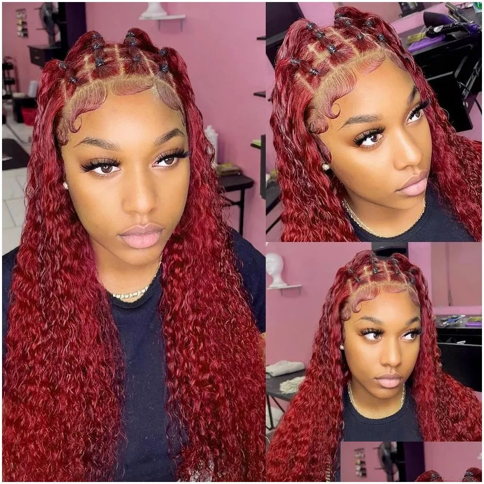 Synthetic Wigs 13X4 Red Color 180% Curly Human Hair For Women 99J Bury Transparent Deep Wave Lace Frontal Wig Drop Delivery Products Dhlb0