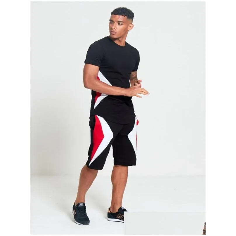 Men`S Tracksuits Mens Tracksuit Contrast Stitching Two Pieces Short Sleeve Sportswear Basketball Loose Casual Outfit Sport Set Fitnes Dhegc
