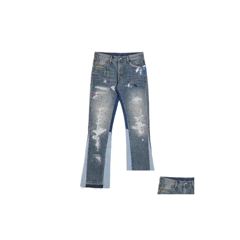 Men`S Jeans Mens Blue Le Ink Washed Destroyed Flared Jean Pants Hip Hop Iti Ripped Denim For Men Streetwear Vintage Wide Drop Deliver Dh7F2